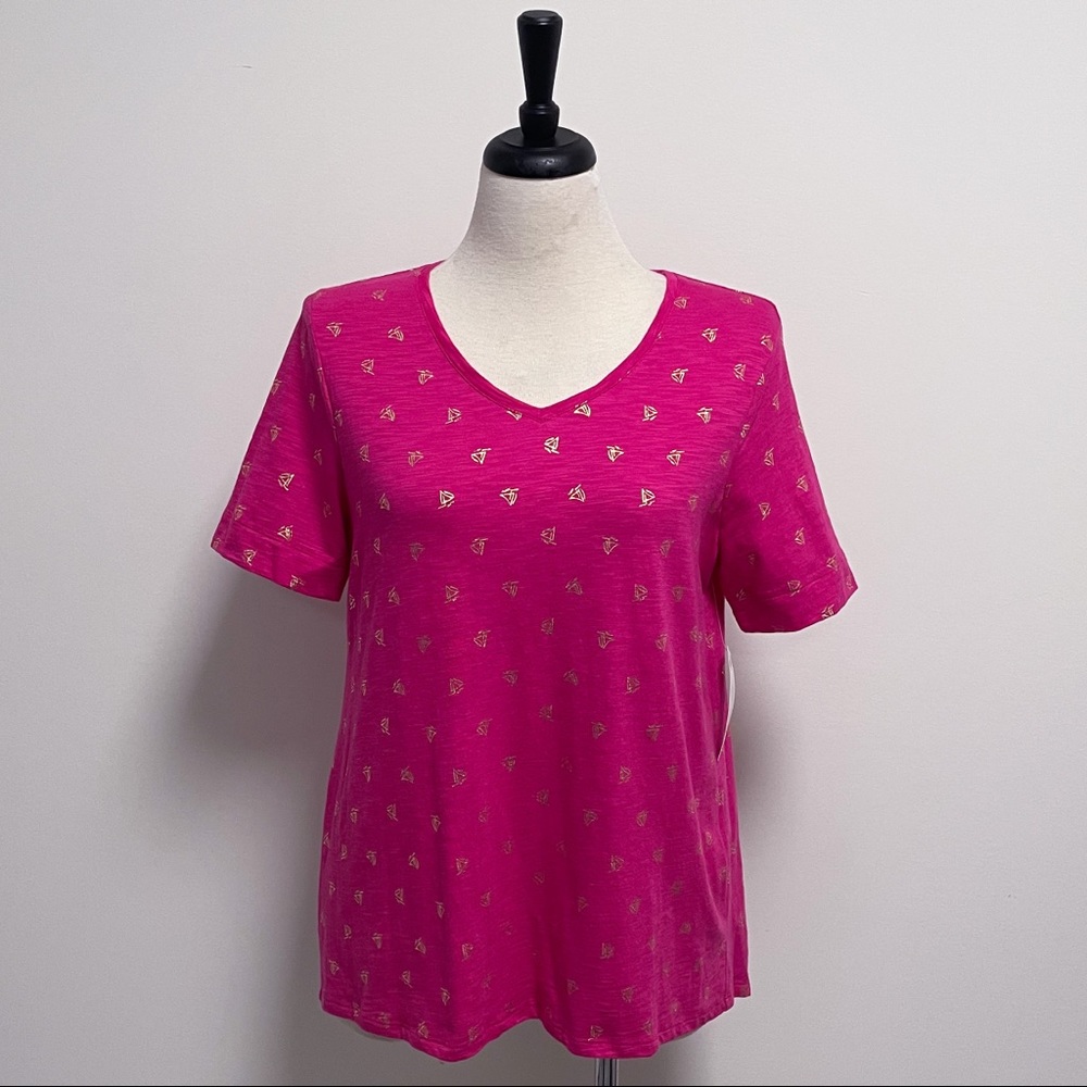 Chicos Summer Berry Pink Metallic Gold Boat Print V Neck Slub Short Sleeve Top 1